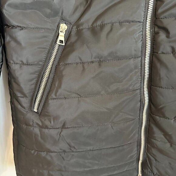 AMBIANCE classic black puffer jacket faux fur lined hood zip pockets women's M - Picture 2 of 9